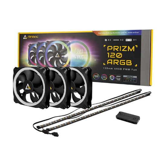 Picture of Antec PRIZM 120mm ARGB Case Fan 3 Pack with Controller and 2 LED Strips